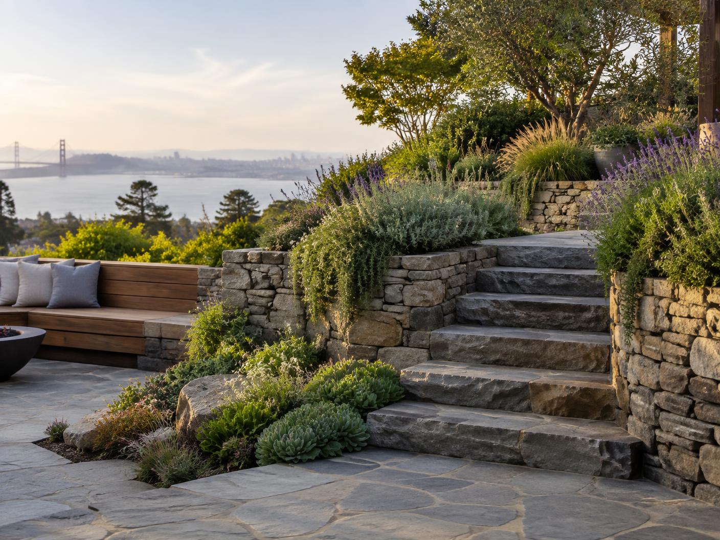 Stone garden walls and steps integrated with layered planting
