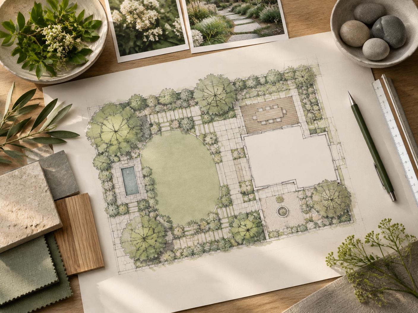 A hand-drawn residential landscape plan with planting references