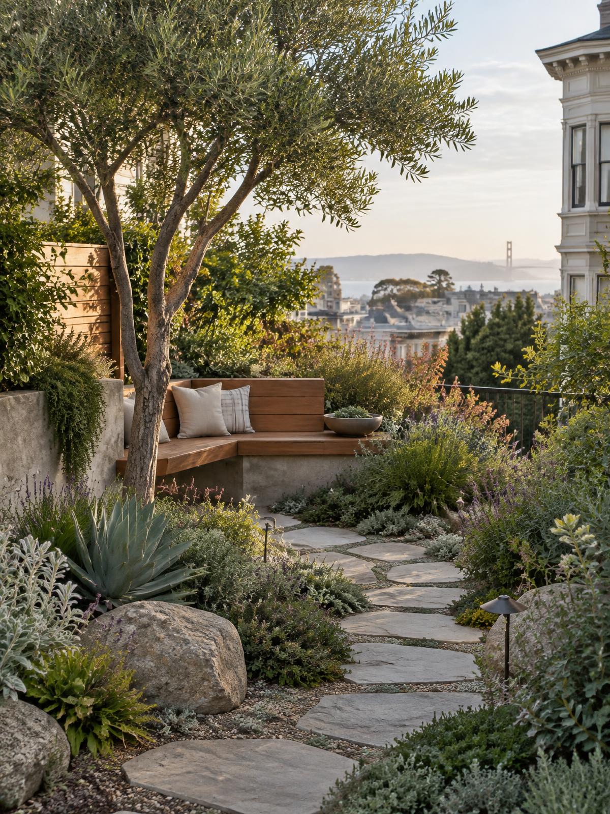 A layered San Francisco garden with a stone path and built-in seating