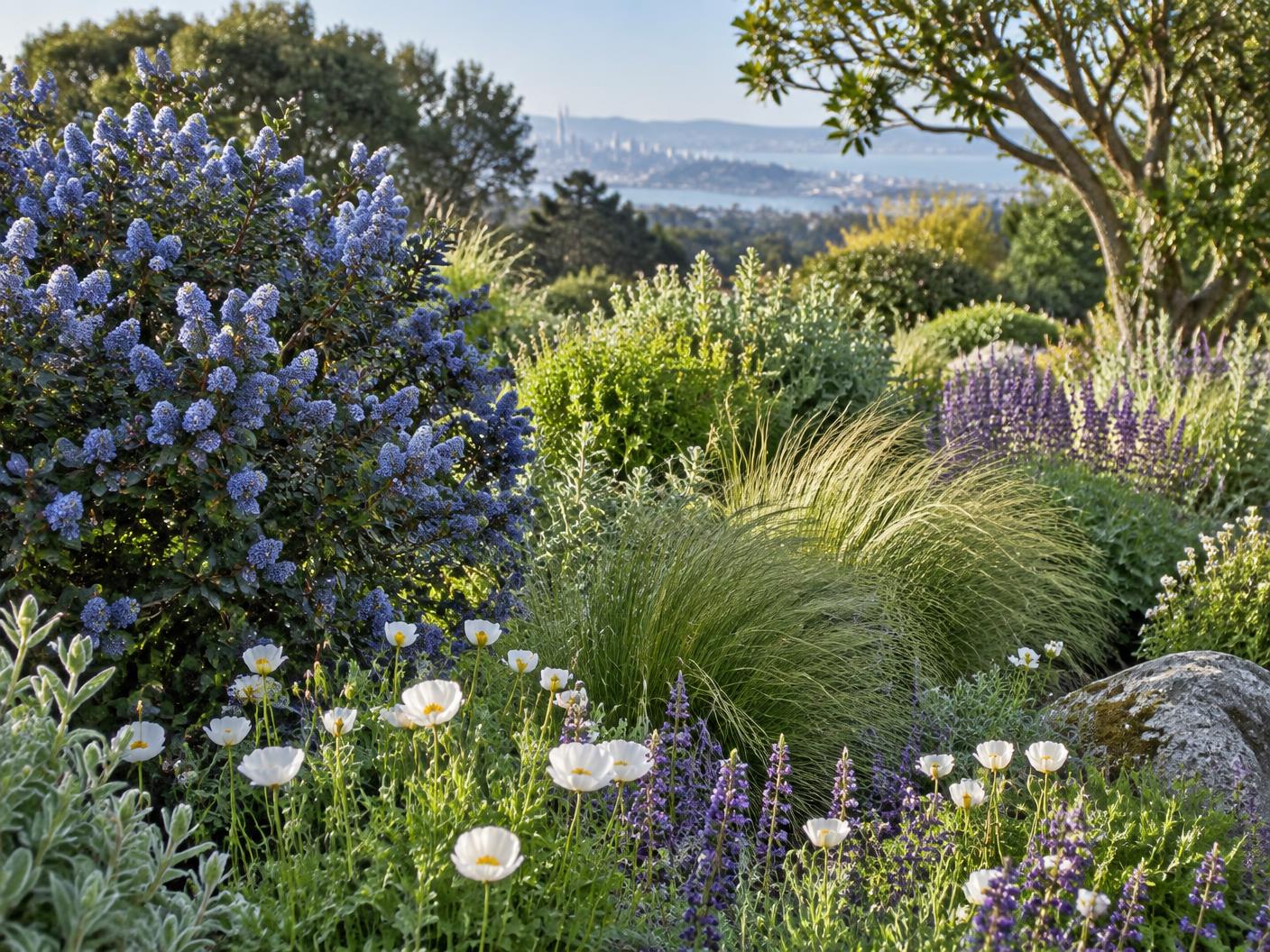 Blue ceanothus and native grasses in a pollinator garden