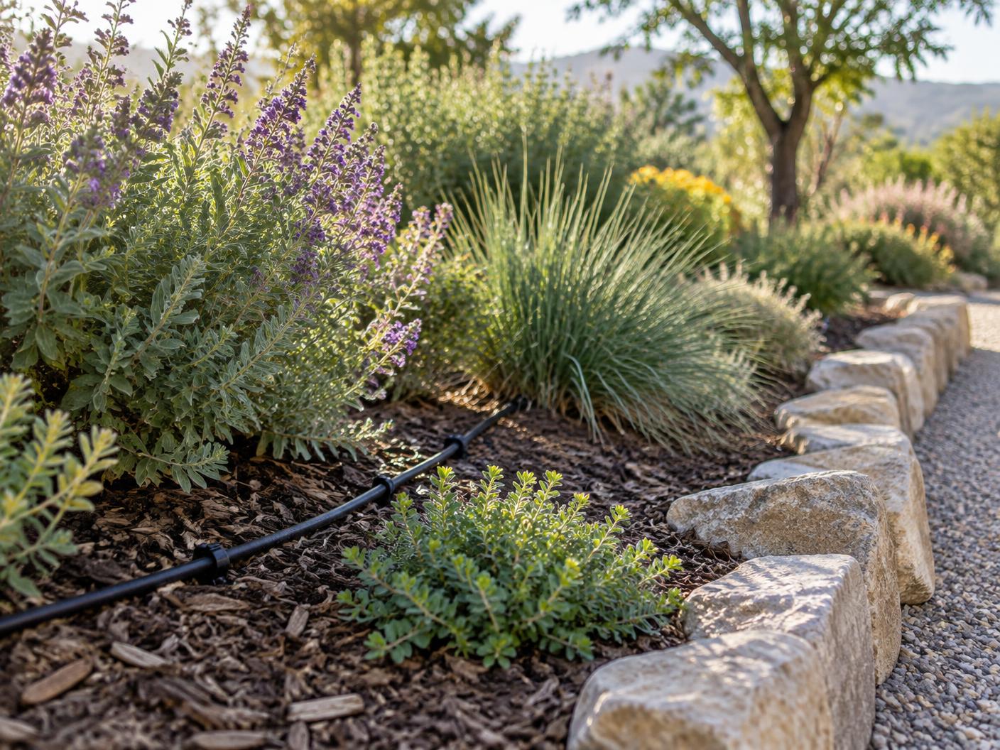 Drip irrigation running through a water-wise planted garden