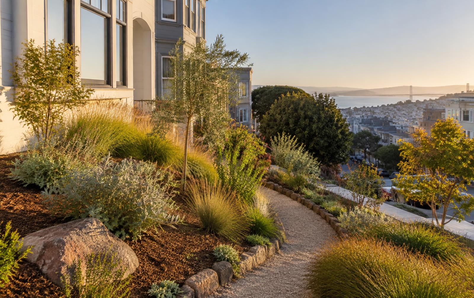 A drought-conscious front garden on a city hillside